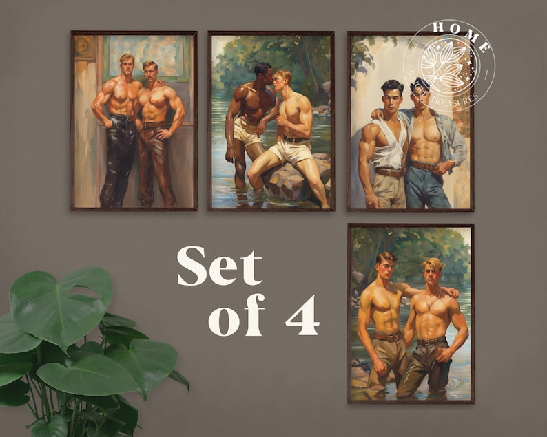 Pode incluir: Conjunto de quatro impress&otilde;es emolduradas que apresentam pares de homens em v&aacute;rios cen&aacute;rios. As impress&otilde;es s&atilde;o em estilo vintage e apresentam um tema rom&acirc;ntico.