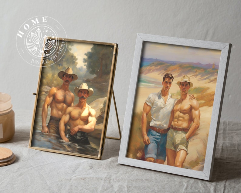 Vintage Male Body Art (set of 4, digital art), DIY muscle men posters or postcards, male queer and gay painting as perfect gift, LGBTQ art image 6