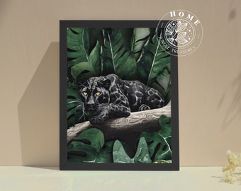 Painting "Black Leopard", framed, rainforest artwork for Boho living room, for big cat fan or as gift for panther lover, exotic artwork