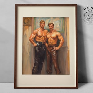 Vintage muscular male body art, leather muscle men poster as printable wall art, male queer and gay art print as perfect gift, LGBTQ art