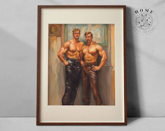 art corporel masculin musclé vintage, affiche d'hommes musclés en cuir comme art mural imprimable, impression d'art queer et gay masculin comme cadeau parfait, art LGBTQ