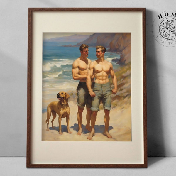 Print "Dog Walk" (digital art), vintage muscular male body, DIY poster or postcard for printing, attractive men wall art, LGBTQ queer gay