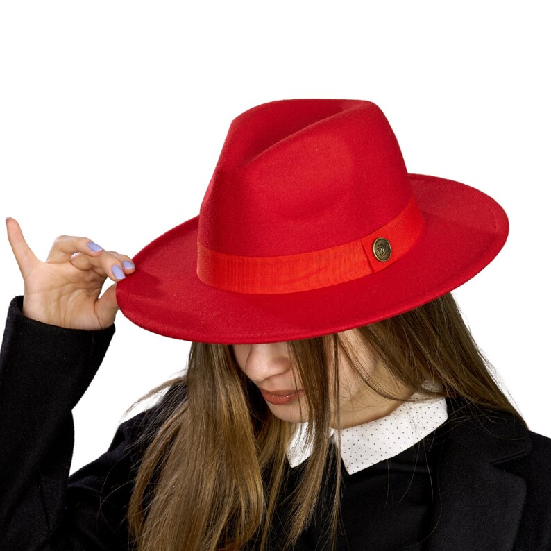 Red Fedora Hat Wide Brim Hat Vegan Felt Rancher Hat Stiff Etsy