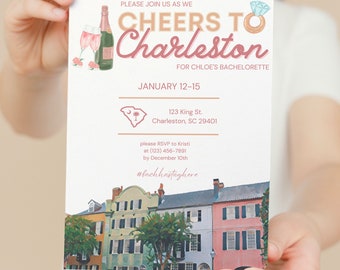 Cheers to Charleston Bachelorette Invitation (double-sided) & Itinerary | Editable Canva Template | Instant Download