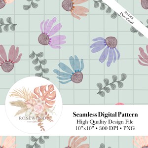 May include: A seamless digital pattern featuring a repeating design of pastel-colored flowers and leaves on a light green background. The pattern is 10 inches by 10 inches and has a resolution of 300 DPI. The file format is PNG.