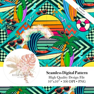May include: Seamless digital pattern featuring a retro 90s summer theme with palm trees, surfboards, sunglasses, a jet ski, and a wave. The pattern is in bright colours on a teal background.