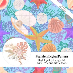 Havssömlöst mönster, digitalt papper med snäckskal och sjöstjärnor, kustnära nautisk bakgrund, strandtygtryck, sanddollar, snäckskal sublimina