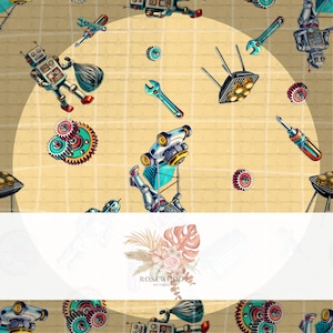 Pode incluir: Um padrão sem costura que apresenta uma variedade de ilustrações de robôs e mecanismos. O padrão é colocado sobre um fundo amarelo claro com um padrão de grade. As ilustrações incluem robôs, engrenagens, chaves e outras peças mecânicas. O padrão é perfeito para usar em uma variedade de projetos criativos.