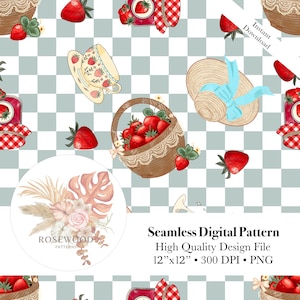 May include: A seamless digital pattern featuring strawberries, a teacup, a straw hat with a blue ribbon, and a basket filled with strawberries. The design includes a jar of strawberry jam and the text "Instant Download".