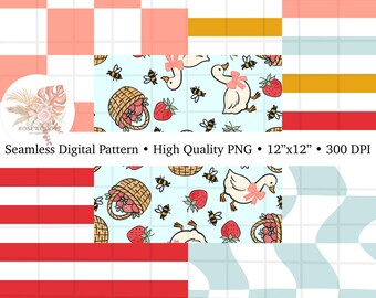 ストロベリーグースのシームレスパターンパック | サマーコケットデジタルペーパー | マッチするストライプとチェック柄 | Fabric N Crafts用300DPI