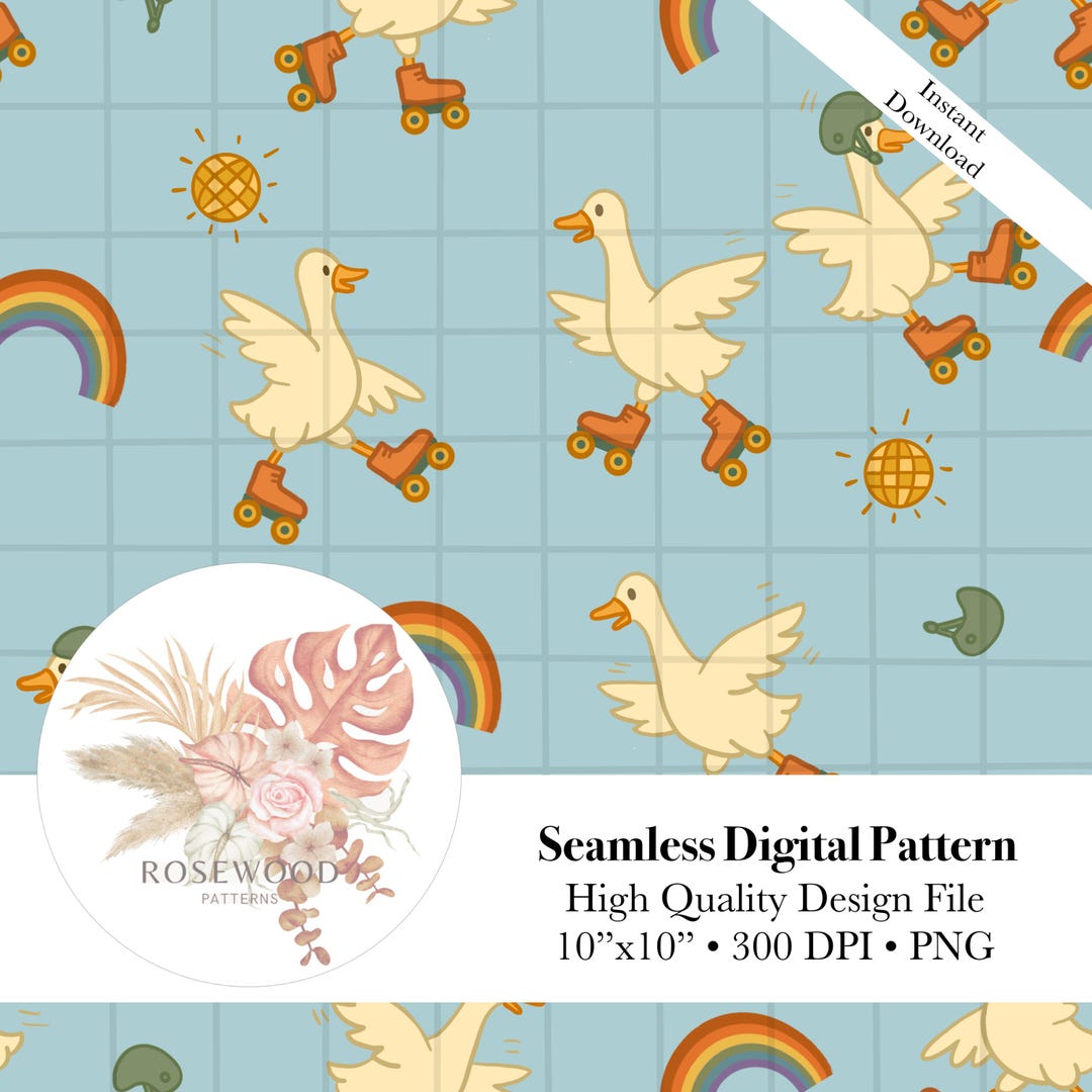 Roller Skating Goose Seamless Pattern | Retro Summer Digital Paper ...
