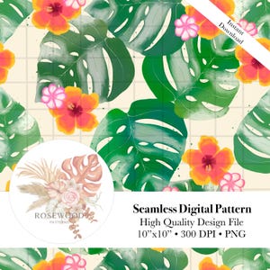 May include: A seamless digital pattern featuring tropical leaves and flowers in shades of green, pink, and orange. The pattern is 10 inches by 10 inches and has a resolution of 300 DPI. The file format is PNG.