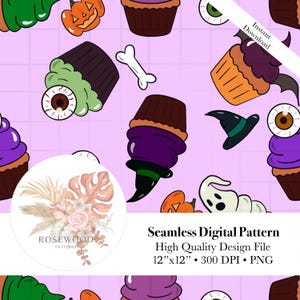 May include: Seamless digital pattern featuring Halloween-themed cupcakes, eyeballs, pumpkins, witch hats, and ghosts on a light purple background. The design includes the text "Instant Download" and "Seamless Digital Pattern".