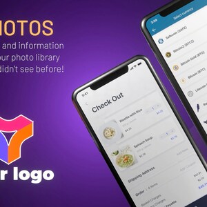 Könnte beinhalten: Zwei Smartphone-Bildschirme, die eine mobile App-Oberfläche zeigen. Der linke Bildschirm zeigt einen Checkout-Bildschirm mit einer Liste von Artikeln und einem Gesamtpreis. Der rechte Bildschirm zeigt eine Liste von Kryptowährungen. Die App hat einen violetten Hintergrund mit einem Logo eines stilisierten Dreiecks.