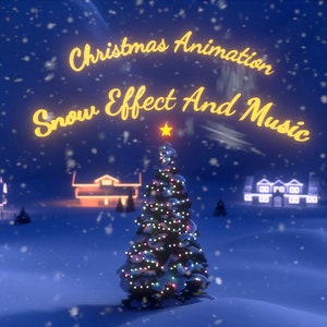 May include: A snowy winter scene with a decorated Christmas tree in the center. The text "Christmas Animation Snow Effect And Music" is displayed in yellow across the top of the image.