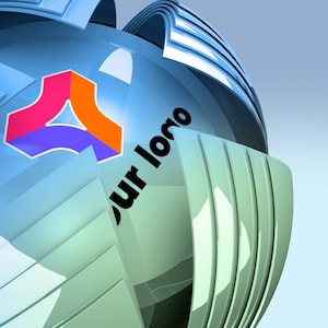Puede incluir: Un diseño abstracto en 3D con una esfera azul y verde. La esfera tiene un logotipo con forma de triángulo y el texto "our logo" en él.