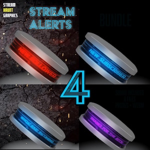 Puede incluir: Un gráfico digital con cuatro diseños de alertas de transmisión animadas. Cada alerta tiene un marco plateado y un centro brillante con texto como "New Follower" y "New Subscriber". El número "4" se muestra de forma destacada.