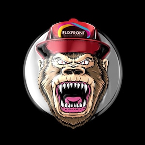 Peut inclure: Un bouton rond argenté avec un effet 3D présente une illustration de singe grincheux portant une casquette de baseball rouge avec le texte "FLIXFRONT" en blanc.