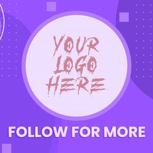 Puede incluir: Fondo morado con formas geométricas y puntos blancos. Un círculo blanco con el texto rosa "YOUR LOGO HERE". El texto "FOLLOW FOR MORE" está en blanco sobre un fondo morado.