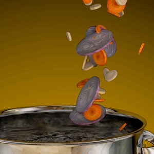 Peut inclure: Une casserole en acier inoxydable avec de l'eau bouillante et des tranches de carottes, d'oignons et de pommes de terre qui tombent dedans sur un fond jaune.