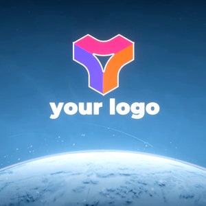 Peut inclure: Un logo abstrait coloré avec le texte "your logo" en blanc sur un fond bleu avec une image floue d'une planète au premier plan.