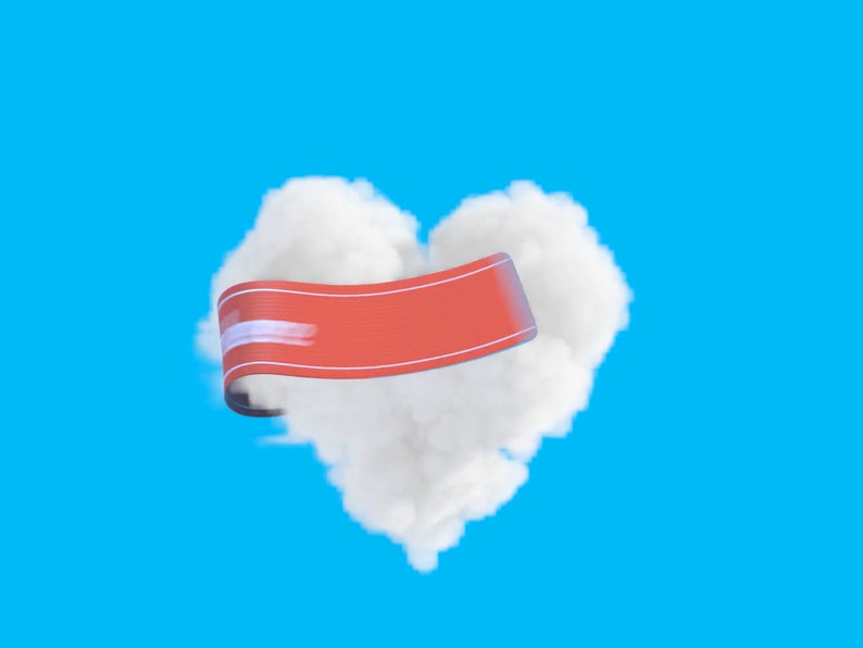 Puede incluir: Una nube blanca con forma de coraz&oacute;n con una cinta roja envuelta alrededor. La cinta tiene una franja blanca en el centro.