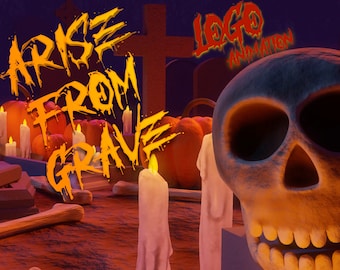 Animación del logotipo personalizado del cementerio de Halloween vintage que se levanta de una tumba rota como un vampiro en una noche de mal humor, sonido incluido