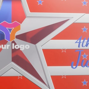 May include: A silver star with a red, white and blue background. The star has a logo in the centre that says "your logo". The background has the text "4th July" in blue.