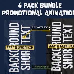 Puede incluir: Paquete de cuatro animaciones promocionales con una superposición de texto en blanco y negro sobre un fondo de papel arrugado. El texto dice "Background Short Text" y "WWW.YOURWEBSITE.COM". El texto está en negrita, sin serifas. El fondo es de color azul oscuro.