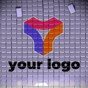 May include: A colorful abstract logo with a geometric design in shades of pink, blue, and orange. The logo is set against a gray background with a grid pattern. The text "your logo" is displayed below the logo.