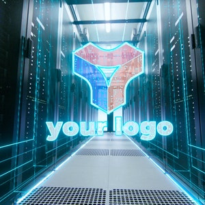 May include: A server room with blue and red glowing lights and the text "your logo" in the center of the hallway.
