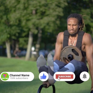 May include: A man wearing a black vest and grey trousers performs a weighted dip exercise on a dip bar in a park. The image includes a YouTube channel banner with the text "Channel Name" and "150K subscribers". There are also icons for "Subscribe", "Like", and "Notifications".