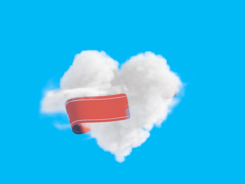 Puede incluir: Una nube blanca con forma de coraz&oacute;n con una cinta roja envuelta alrededor sobre un fondo azul.