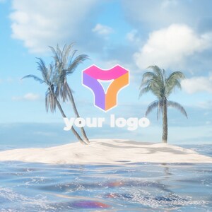 May include: A colorful abstract logo with the text "your logo" in white, set against a tropical scene with two palm trees on a small white sand island in a blue ocean with whitecaps.