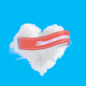 Puede incluir: Una nube blanca con forma de coraz&oacute;n con una cinta roja envuelta alrededor. La cinta tiene una franja blanca que recorre el centro.