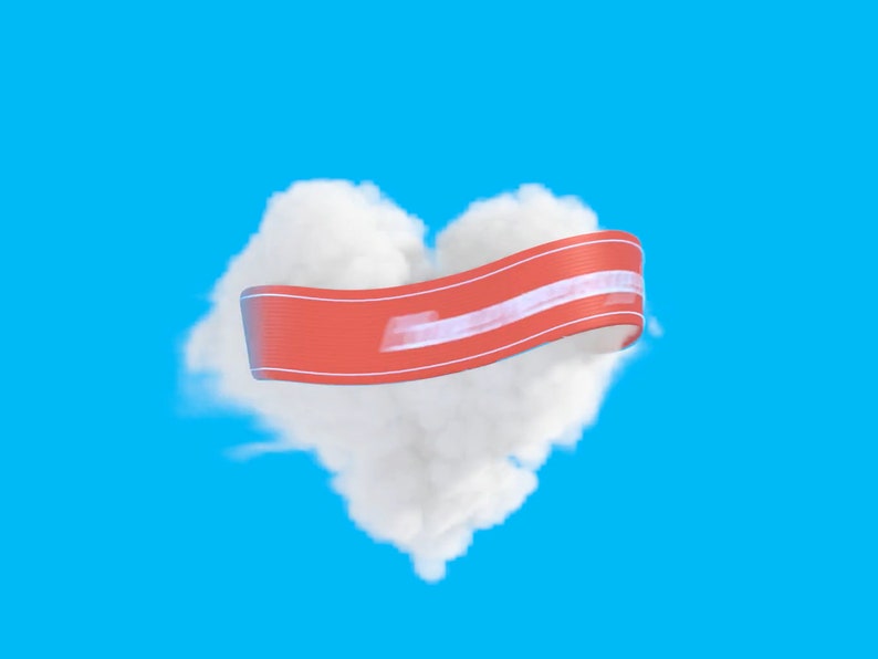 Puede incluir: Una nube blanca con forma de coraz&oacute;n con una cinta roja envuelta alrededor. La cinta tiene una franja blanca que recorre el centro.