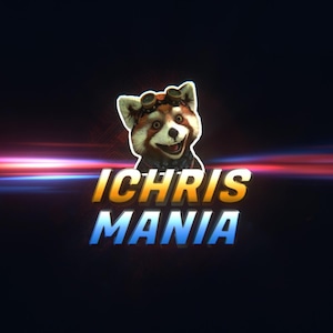 May include: A red panda wearing goggles with the text "Ichris Mania" in yellow and blue letters on a dark background with streaks of light.