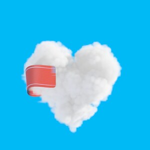 Puede incluir: Una nube blanca con forma de coraz&oacute;n con una cinta roja unida al lado izquierdo.