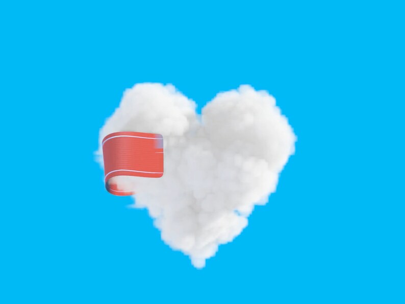 Puede incluir: Una nube blanca con forma de coraz&oacute;n con una cinta roja unida al lado izquierdo.