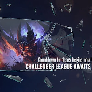 May include: A shattered glass pane reveals a dark, demonic figure with glowing red eyes and sharp horns. The text "Countdown to chaos begins now! CHALLENGER LEAGUE AWAITS YOU!" is visible below the figure.
