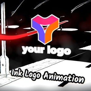 Puede incluir: Un logotipo de tinta animado en blanco y negro con una forma geométrica roja, naranja, rosa y azul. El logotipo se coloca sobre un fondo blanco y negro con una escena de calle. El texto "your logo" y "Ink Logo Animation" también son visibles.