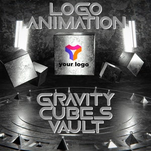 May include: A 3D animation of a logo in a silver cube, with the text "LOGO ANIMATION" above and "GRAVITY CUBES VAULT" below. The cube is surrounded by other silver cubes and is on a circular platform with a metallic texture.