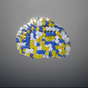 Peut inclure: Une sculpture abstraite 3D composée de petits cubes bleus, jaunes et blancs. Les cubes sont disposés de manière aléatoire, créant un design unique et accrocheur.