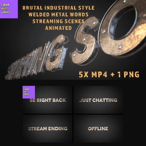 Puede incluir: Cinco escenas de streaming animadas con las palabras "Be Right Back", "Just Chatting", "Stream Ending" y "Offline" en un estilo industrial brutal con letras de metal soldadas. Las escenas están en formato MP4 y se incluye una imagen PNG.