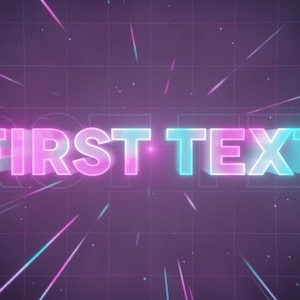 Peut inclure: Un graphisme de texte rose et bleu néon avec les mots "FIRST TEXT" sur un fond violet foncé avec des lignes blanches rayonnant vers l'extérieur.