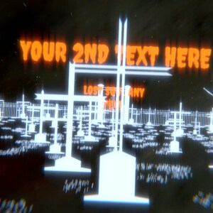 May include: A digital illustration of a graveyard with white crosses and a sign that reads "YOUR 2ND TEXT HERE". The background is black with a glitchy effect.