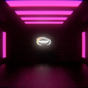 May include: A dark room with pink neon lights and a white logo that says "Fluxfront" in the center of the room.