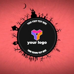 May include: A black circle with a spooky Halloween theme, featuring a graveyard, a church, and a crescent moon. The circle contains a colorful logo with the text "your logo" and the text "YOUR FIRST TEXT HERE" and "YOUR SECOND TEXT HERE".