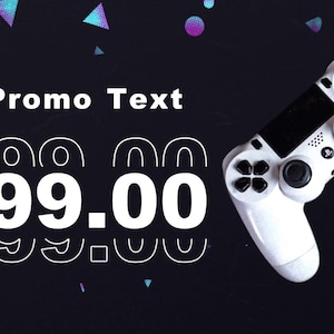 May include: A white video game controller with black buttons and a black PlayStation logo. The controller is on a black background with white text that says "Promo Text" and "$99.00".
