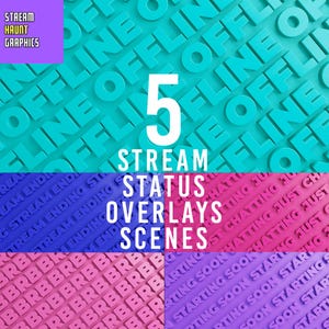 Op de afbeelding: Vijf verschillende geanimeerde streamstatus-overlays. De overlays tonen een herhalend patroon van de woorden "offline", "streaming", "eindigt binnenkort", "chatten", "gewoon chatten", "start binnenkort" en "brb". De overlays zijn in verschillende kleuren, waaronder blauw, roze, paars en rood.